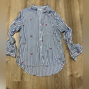 beachlunchlounge Blue and White Striped Cherry Button Down Shirt Medium NWT